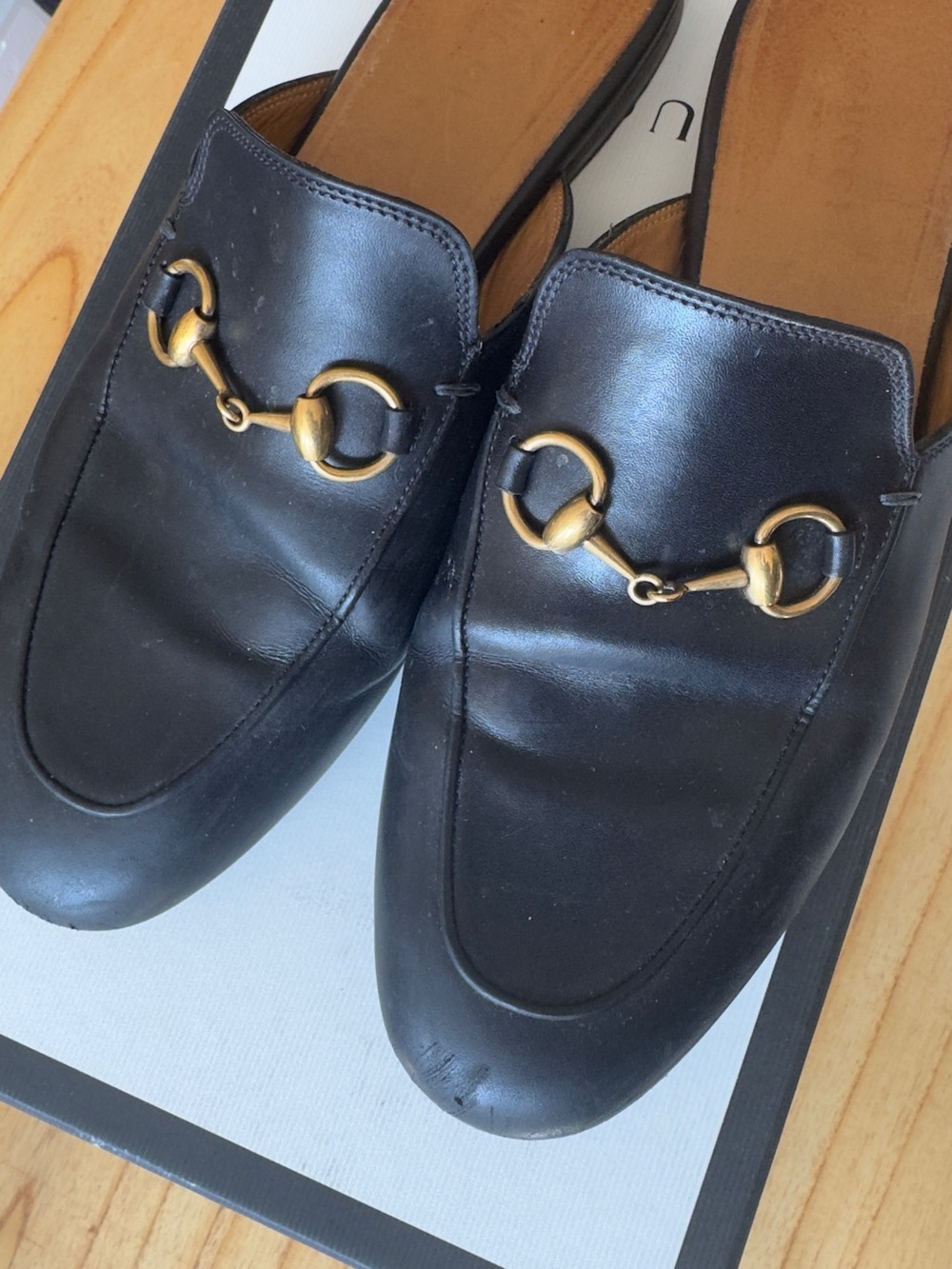 Black Leather Backless Loafers with Gold Horsebit Accent - Picture 5 of 9
